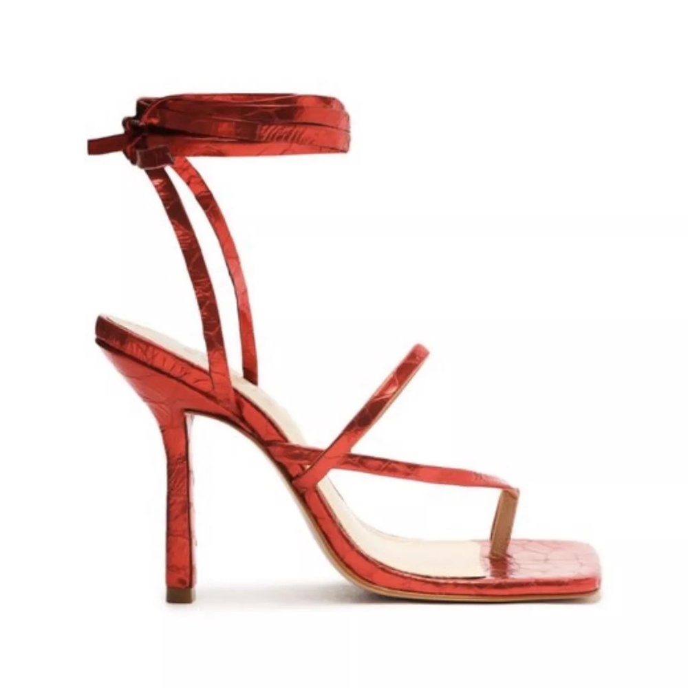 Schutz Lily Sandals 7.5 Metallic Red Crocodile Embossed Leather Heels